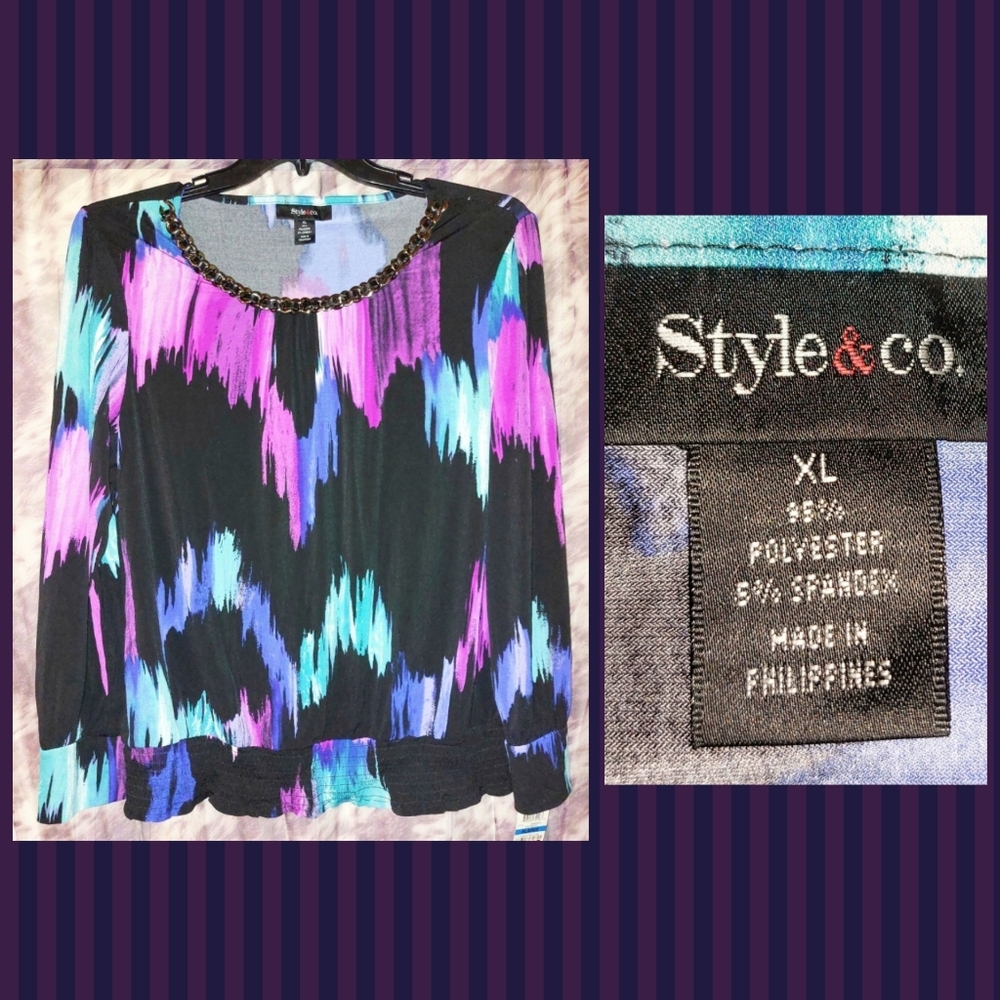Style & Co brand Black/Multicolor Brushstrokes Smocked Soft Knit Top Sz XL